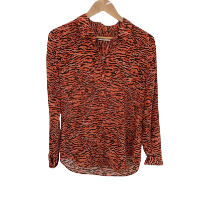 Marcs Womens  Size 10 Silk Button Up Top / Long Sleeve Top Black  / Orange / Pattern 
