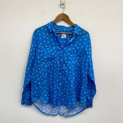 HUT Blue Spot 100% Linen Long Sleeve Shirt Size L 