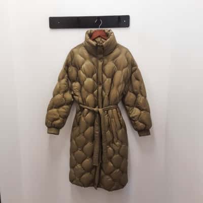 Womens  MNG Size M/L Khaki Water Repellent Long Quilted Puffer Coat