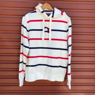 Tommy Hilfiger Mens Size M Blue/White/Red Stripe Wavy Flag Cotton Hoodie 
