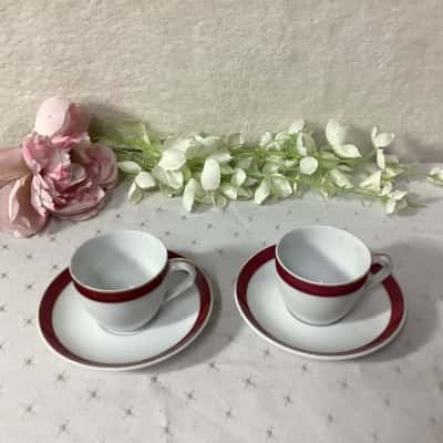 Vintage Noritake White / Burgundy Red Porcelain Teacup & Saucer (x 2)