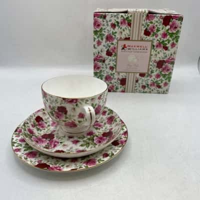 Maxwell & Williams Cup & Saucer Trio Rose Bud In mGift Box  RRP $24.95.     Office 