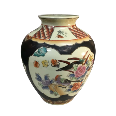 Hand Painted Black Floral Vase Approx 24 x 20cm