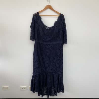 City Chic Navy Blue Floral Lace Off Shoulder Long Sleeve Midi Dress  Size S 
