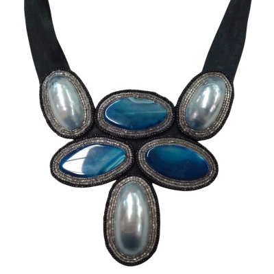  Women's Ribbon Necklace with Shell and Blue Stone