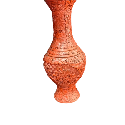 Vintage Hand Carved Cinnabar Vase: Asian Lacquer Fine Art,