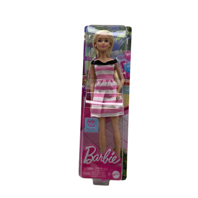 Barbie 65th Anniversary Fashion Doll Blonde, Pink Striped Dress Mattel NEW.  Toys1
