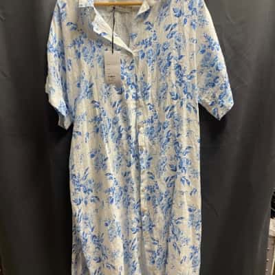 Carolina Womens Size L / XL Linen Midi Short Sleeve Blue & White Floral Dress