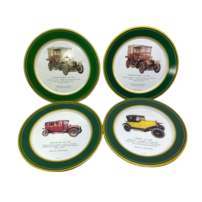 French Metal Plate With Picture Of Vintage Car Set of 4