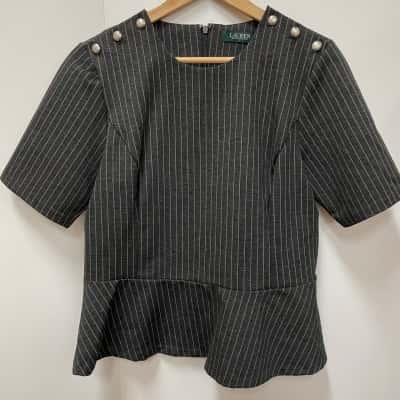 Lauren by Ralph Lauren Dark Grey Striped Peplum Top Size L