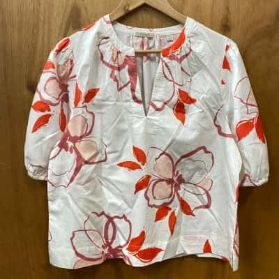 Trenery White/Red Floral V-Neck Top Size 12 
