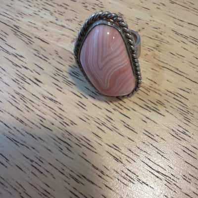  Vintage STG SIL Sterling Silver Pink Banded Agate? Statement Ring