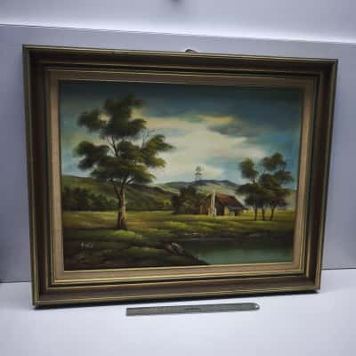 Vintage Signed Fields Oil Painting Australian Homestead Windmill Landscape