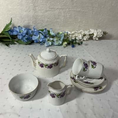 Vintage White Ribbed  / Purple Floral Pattern Child's Porcelain Tea Set