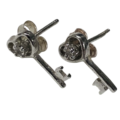  Silver Key Studs Earrings w/ Clear Stones (925)