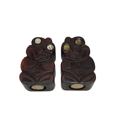 Vintage Māori Tiki Hand-Carved Wooden Salt & Pepper Shakers