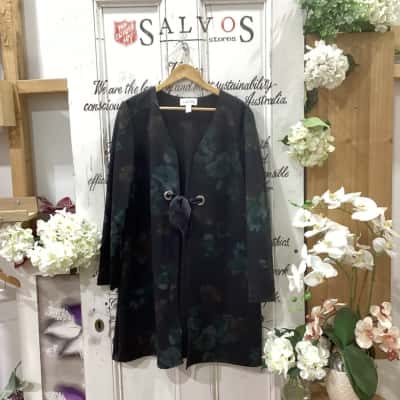 JOSEPH RIBKOFF BRAND! Womens  Size 16 / 18 Blazer / Open Jacket Black  / Burnt Orange / Floral / Green! STUNNING TIE FRONT JACKET! FLORAL PRINT ALL OVER! GREAT FOR A DAY OR NIGHT OUT! 