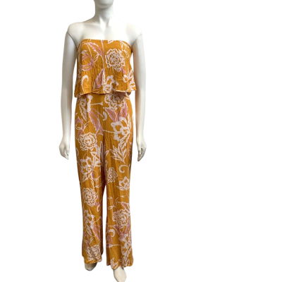 Mister Zimi Womens  To Fit AUS Size 8 Off Shoulder Floral Jumpsuit Mustard / Off White