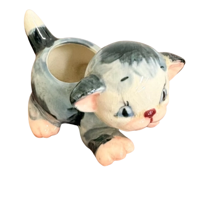 Vintage Grey & White Ceramic Kitten Cat Planter / Pot
