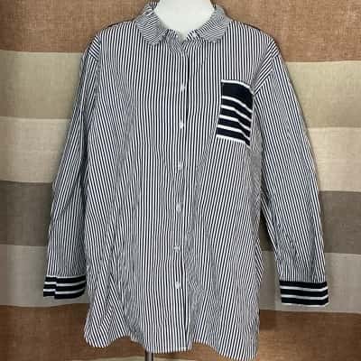 Threadz Womens  Size XL Button Up Top Navy Blue / Striped / White 