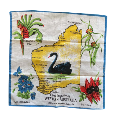 Vintage Western Australia Souvenir Cotton Small Tea Towel or Large Hankerchief