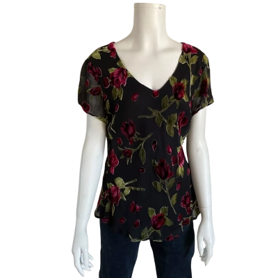 Discovery Womens  Size 12 Blouse / Floral Top / V-Neck Top Black  / Floral 