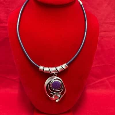  Women's i-female Bohemian Style Choker Necklace featuring a Purple Stone set in a Textured Silver Tone Pendant