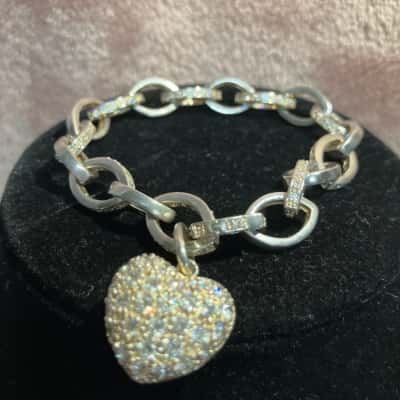  Women's 925 Silver Chain Bracelet with Diamante Heart Shaped Clasp