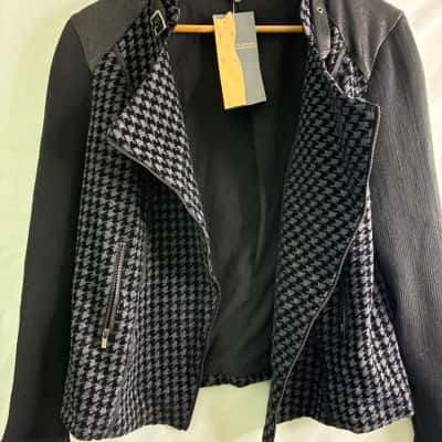 Liz Jordan Designer Collection Womens Size 12 Houndstooth Open Jacket Black / Grey 