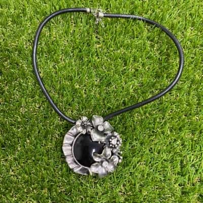  Womens Silver Tone Flower Necklace with Black Centre on Leather Cord