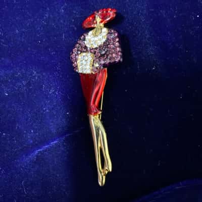 LOUIS STERN  Signed L-S Vintage Red Hat Society Lady Brooch 