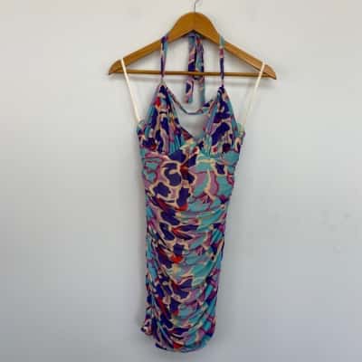 Angel Biba Blue Purple Pattern Bodycon Halter Neck Mini Dress  Size 12 