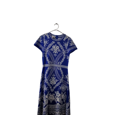 Hobbs Women's Size 12 Short Sleeve Merino Wool Dress in Blue & Off White 