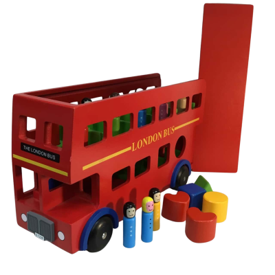Wooden London Bus with Passengers and Shape Sorting Blocks as pictured