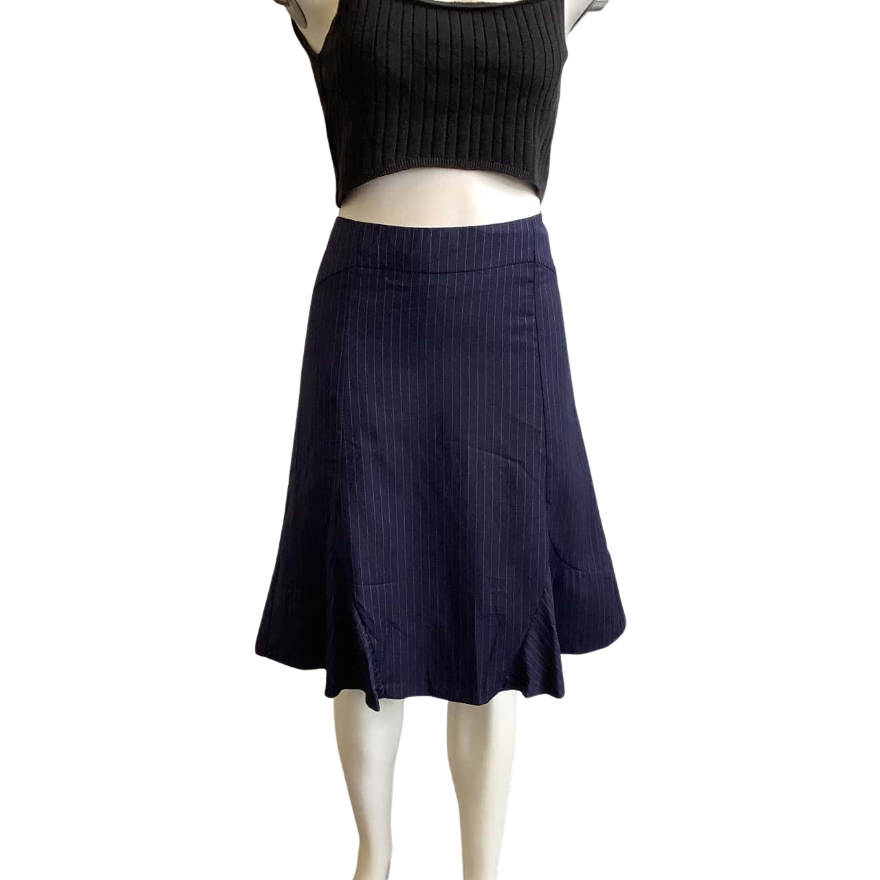 Merona Women's Size 10 Wool Blend Midi Skirt Navy Blue & White Pinstripe(s)