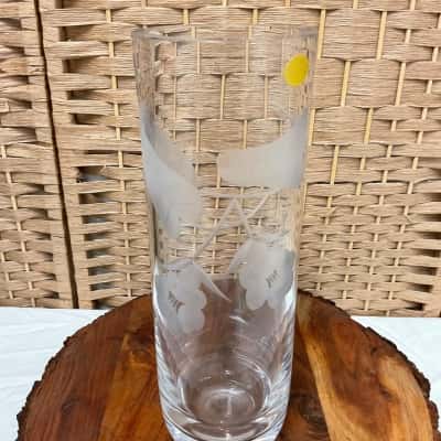 Vintage Bohemia Handcut Czechoslovakia Crystal Etched Flower Leaf Bud Cylinder Vase 