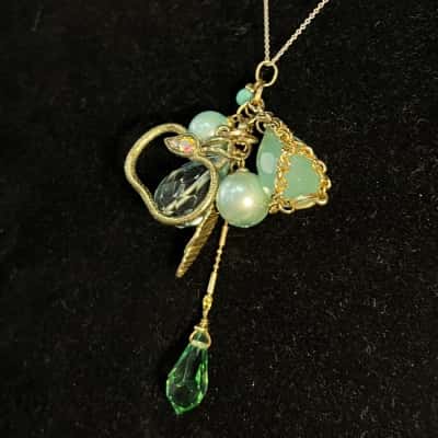 Unique Gold Tone And Aqua Maximalist Pendant 