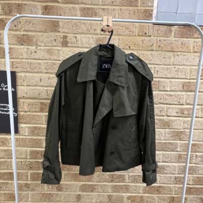 Zara Womens short trench coat in dark khaki Size S 