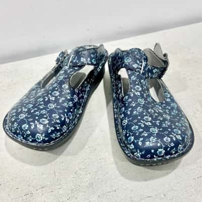 Algeria  Leather Mule Clog Blue Floral Flowers Shoes Silver Buckle Size 40 