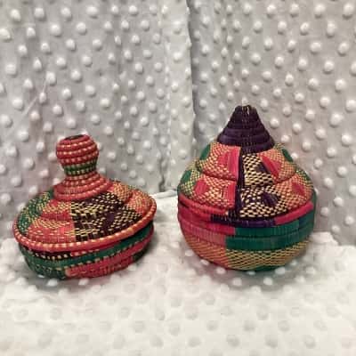 Ethiopian Straw Basket and Ethiopian Woven Sturdy Coiled Round Basket with Pointed Lid