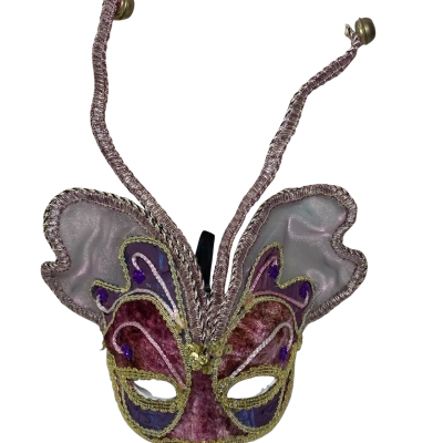  Womens Venetian-style butterfly masquerade mask crafted with purple and pink velvet fabric, sheer organza wings, gold metallic trim, small purple bead accents, and long coiled antennae tipped with small metal bells