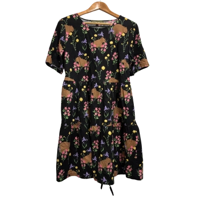 Princess Highway, Womens, Size 14, black tie-back short-sleeved dress with pink, purple and yellow floral patterns 