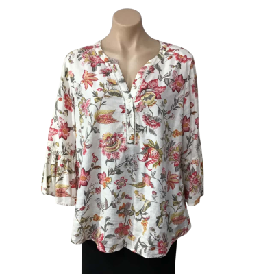 Katies Womens Size 16 Cream / Coral /  Grey / Yellow Floral 3/4 Sleeve Top