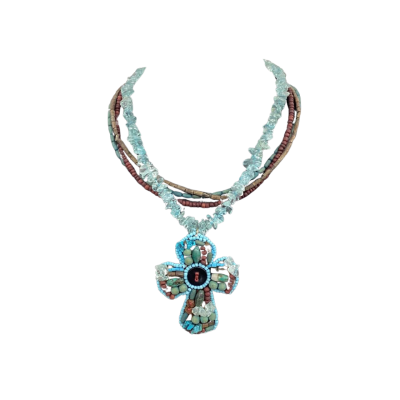  Womens Impressions Beaded Necklace Blue / Natural Stone and Wood Crucifix 