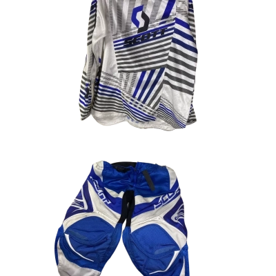 Scott 350 Dirt motocross pants feature a blue and white color scheme with a durable construction designed for riding. Size 22 Shirt Size M