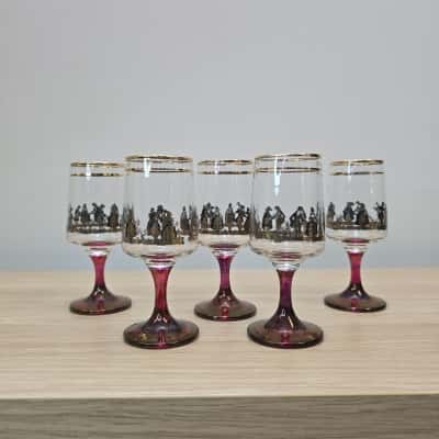 Vintage Set Of 5 Courting Couple Sherry Glasses with Amethyst Stems