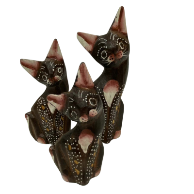 Set of 3 -  Hand painted Dark Brown Wooden Cats 