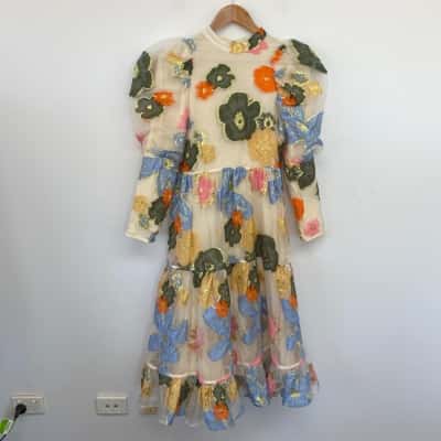 Dream Sister Jane Cream FLoral Short SLeeve Midi Dress  Size M 