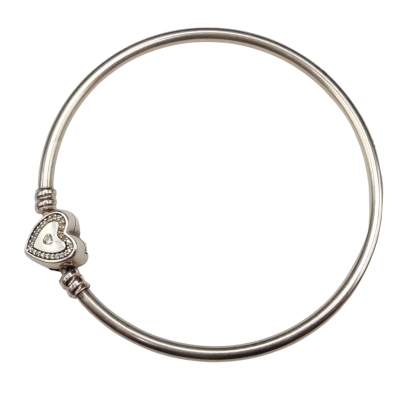 Pandora 925 Silver "Wishful Heart" C.Z. Bangle Engraved With "Family Forever" 6cm Diameter 