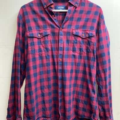 T.M. Lewin Men's Size L Long Sleeve Flannel Shirt Blue / Red 